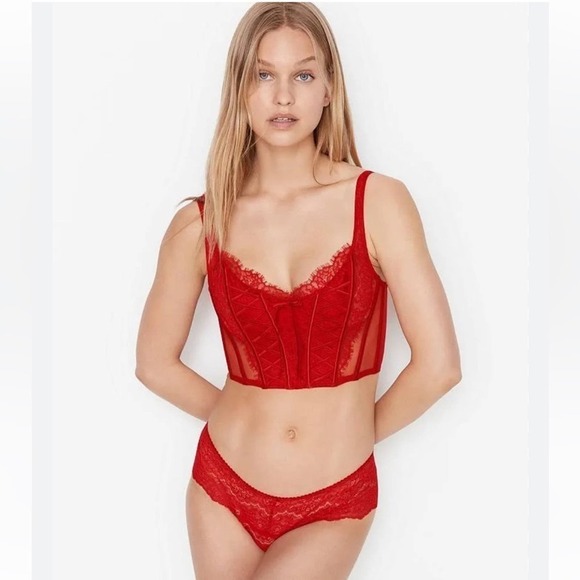 Victoria’s Secret  DREAM ANGELS Unlined Lace-Up Corset in Lipstick Red - Picture 1 of 10